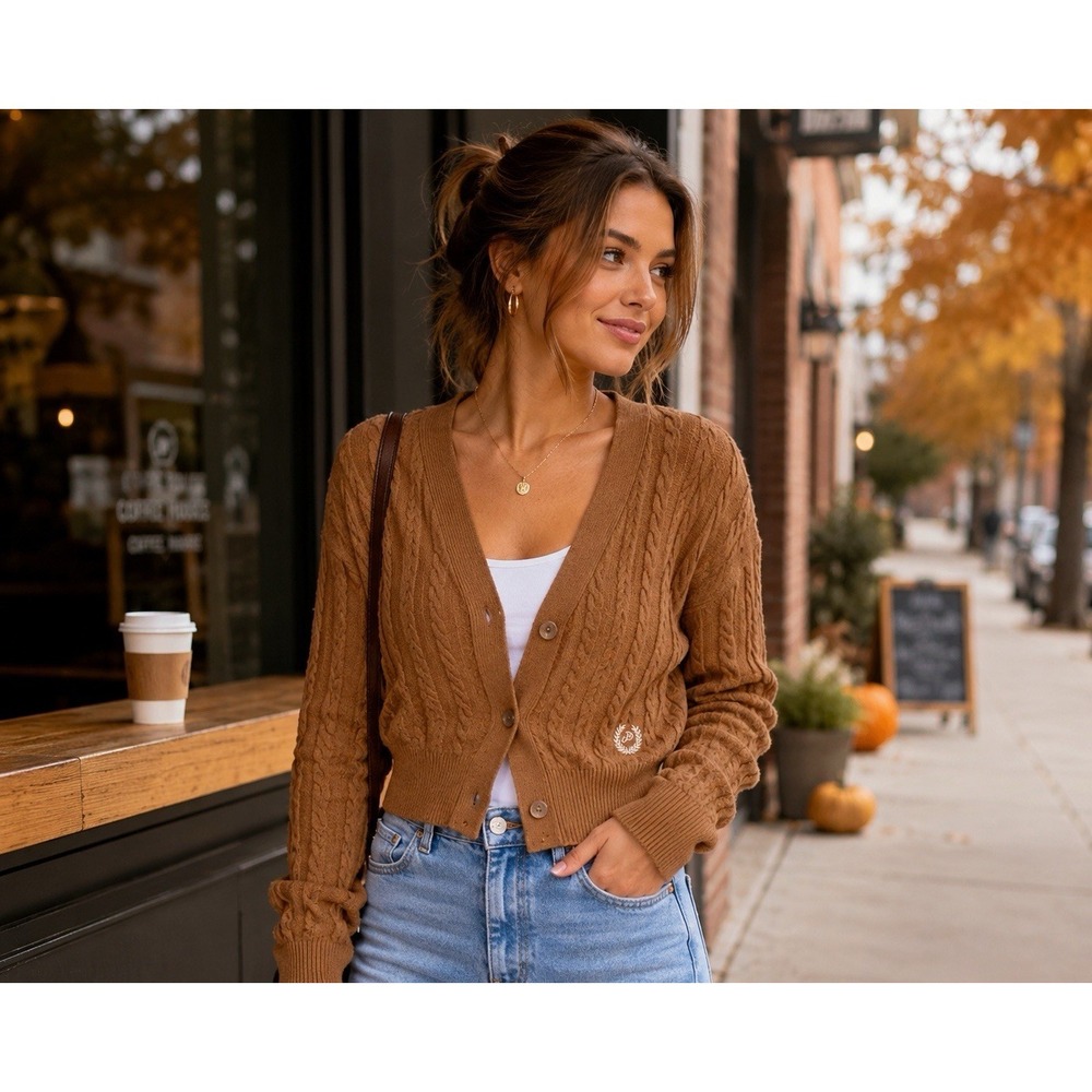 PINK Victoria's Secret Cardigan Womens M Medium Brown Cable Knit Cropped V-Neck